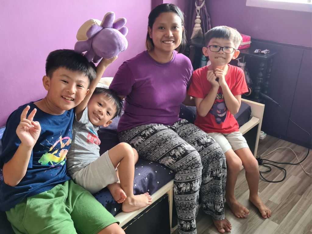 Satisfied employer Children with Burmese helper